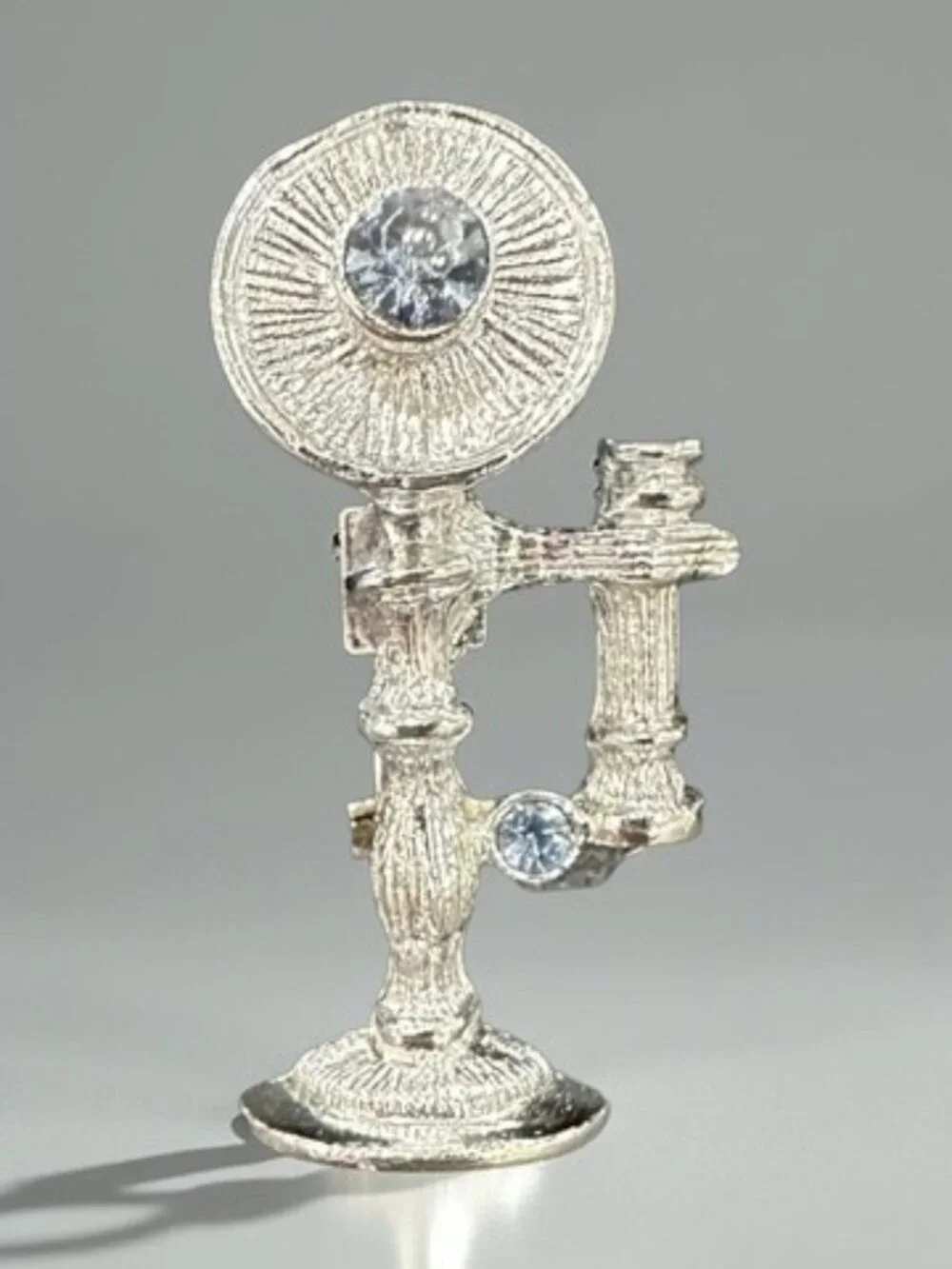 Signed Gerrys Antique Silver-Tone Telephone Brooch With Blue Rhinestone Accents